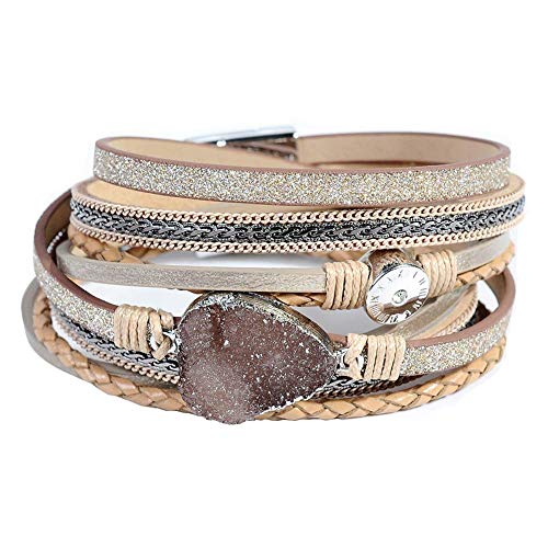 Artilady Leather Wrap Bracelets for Women - Pearl Bracelets Handmade Clasp Bangle Bracelet with Beads Jewelry Gift for Women and Mother - style: Brown with druzy