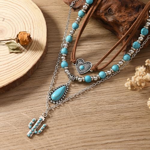 ONLYJUMP Boho Turquoise Leather Choker Necklace for Women Bohemian Handmade Leaf Layered Black Brown Suede Western Cowlady Necklace Western Country Party Jewelry Gifts - style: Cactus
