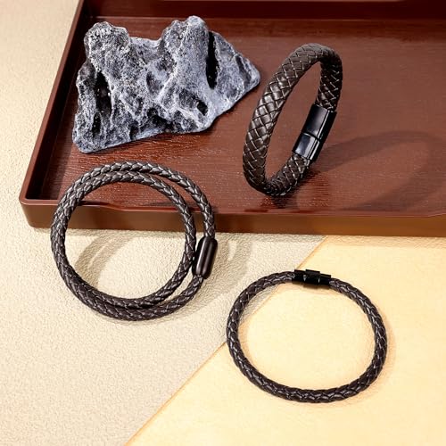 3Pcs Genuine Italian Braided Leather for Men Women Leather Wrist Cuff Bracelets Black Brown Stainless Steel Clasp Wrap Wristband 7.5-9 Inches - color: Brown