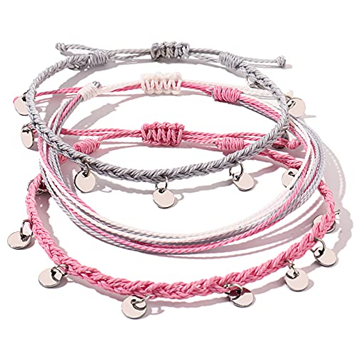 FANCY SHINY String Ankle Bracelets Waterproof Rope Anklets Braided Beach Boho Coin Anklets Cute Friendship Foot Jewelry for Women - style: Pink