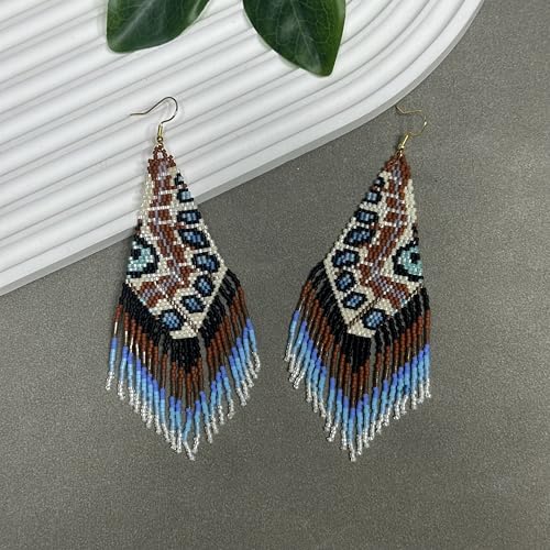 Handmade Seed Beaded Earrings, Lightweight Boho Fringe Dangle Earrings, Glass Bead Drop Jewelry for Everyday Wear & Party, Women Gifts - color: Feather-Brown