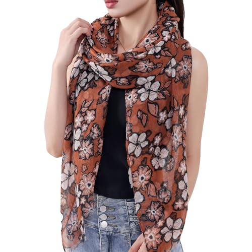 MELIFLUOS DESIGNED IN SPAIN Scarf for Women Lightweight Floral Flower Scarves for Summer Fall Shawl Wrap - color: Barcelona Collections 47 - Orange Floral Design