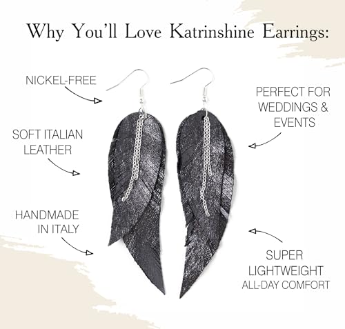 Black shiny Leather Feather Earrings for Women, Lightweight Minimal Boho Dangle Earrings, Small Simple Everyday Jewelry - color: Black metallic