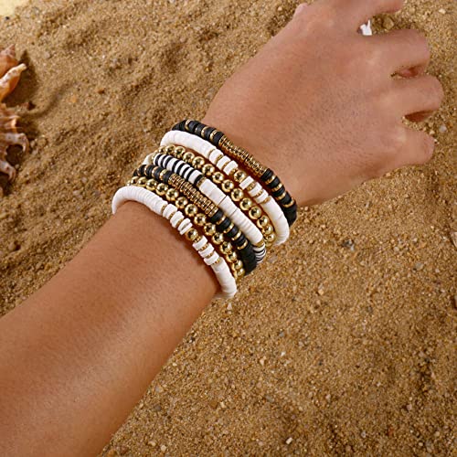 Elegance 11 designs Heishi Beaded Bracelets For Women Polymer Clay Colorful Surfer Stackable Beads Boho Bracelet Summer Beach Jewelry - color: Black And White