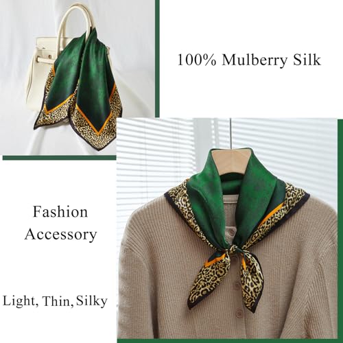 100% Mulberry Silk Neck Scarf 21''x21'' Small Square Hair Scarf for Women Men Lightweight Bandana Envelope Package - color: Leopard Print- Green