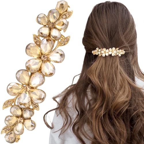Joez Wonderful Rhinestone Hair Clips, Bridal Hair Accessories for Women, Sparkly Crystal Hair Pins, Fancy Hair Barrettes for Wedding, Bride, Long Hair (Champagne Flower, 1 Pcs) - color: Flower Champagne