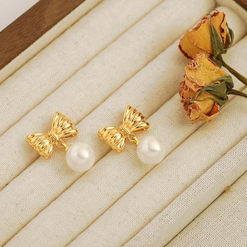18K Gold Love Knot Stud Earrings for Women Statement Button Pearl Stud Earrings Minimalist Cute Small Post Earring - color: 11.Bowknot