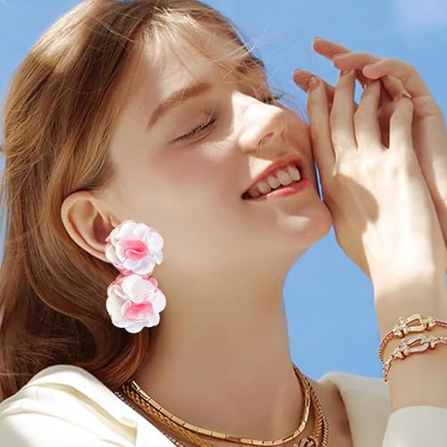 Oversized Fabric Flower Earrings for Women Statement Boho Chic Dangle Drop Earrings for Parties Weddings or Everyday Wear - color: Pink White