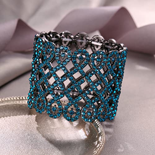 EVER FAITH Art Deco Love Knot Wide Stretch Bridal Bracelet Austrian Crystal - color: Blue Topaz Color Black-Tone