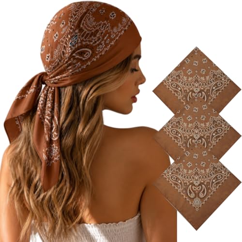 Junvena 27 Inch Extra Large Bandana 100% Cotton,Soft Thin Breathable Headband for Men Women, Solid & Paisley - color: Coffee 3 Pack