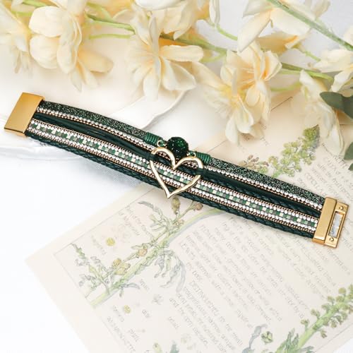 Leather Wrap Bracelet for Women, Boho Cuff Bracelet with Strong Clasp, Multi-Layer Crystal Leather Bracelet for Valentine Mother's Day - color: 01-Heart-Green
