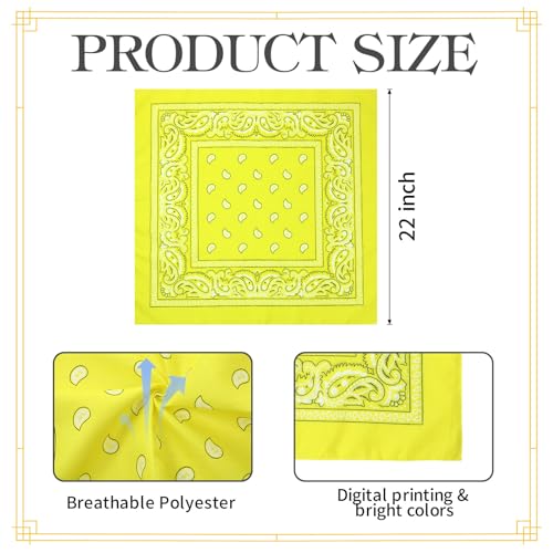 Blulu 12 Pack Neon Bandanas Bulk Multi Purpose Paisley Cowboy Bandanas for Men Women Headband Western Music Festival Rave - color: Light Yellow
