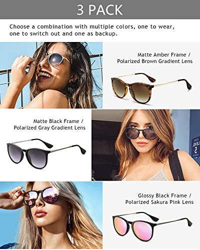 SUNGAIT Premium Vintage Round Sunglasses for Women Men Classic Retro Trendy Style - color: 3 Pack (Polarized): Matte Amber/Brown Gradient+matte Black/Gray Gradient+glossy Black/Sakura Pink