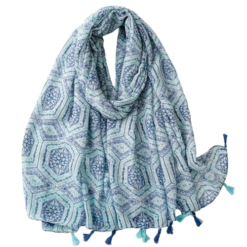 WaJuemy Travel Boho Scarf for Women Casual Lightweight Pashmina Scarves Fashion Multicolor Shawl Wraps with Fringed Beads - color: 03 Teal Floral
