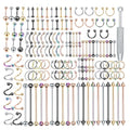 Oveta 150-151PCS Body Piercing Jewelry Lot 14G 16G 20G Stainless Steel Nose Lip Tongue Cartilage Tragus Eyebrow Industrial Barbell Belly Button Rings Piercing Kit Jewelry - style: 151pcs-Mixed Color