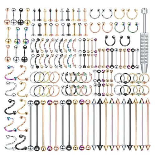 Oveta 150-151PCS Body Piercing Jewelry Lot 14G 16G 20G Stainless Steel Nose Lip Tongue Cartilage Tragus Eyebrow Industrial Barbell Belly Button Rings Piercing Kit Jewelry - style: 151pcs-Mixed Color