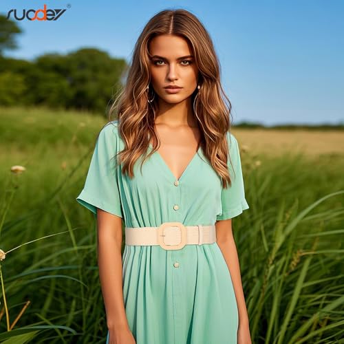 SUOSDEY 2 Pack Straw Woven Elastic Belt Braided Stretch Wide Boho Rattan Waist Belt for Women Dresses - color: 06-brown+beige(square Buckle), size: Fit Waist up to 40''