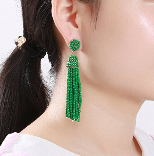 NLCAC Women's Beaded tassel earrings Long Fringe Drop Earrings Dangle 6 Colors - color: dark green