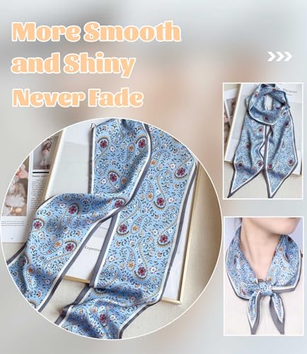 kcctoo 59” Long Silk Like Head Scarf Women's Fashion Square Neck Satin Scarfs for Bag Hair Scarves Gift 59 * 5.9” - color: D2 Blue Flower Drop Shaped 59" X 5.9"