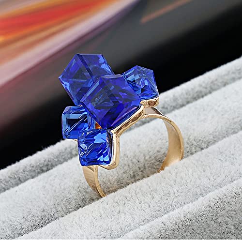 Hebelee Boho Square Crystal Statement Ring for Women Gold-Toned Adjustable Expandable Promise Engagement Geometric Rings Comfort Fit Elegant Art Deco Birthday Christmas Cocktail Party Y2K Jewelry - color: Blue