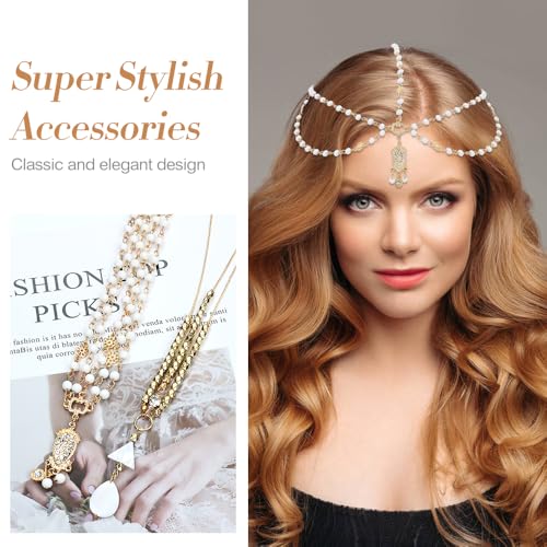 Dizila 8 Pieces Gold Head Chains with Leaf Bead Rhinestone Tassel Festival Prom Wedding Bridal Jewelry Boho Headbands Forehead Chains Headwear Headpieces for Women Girls