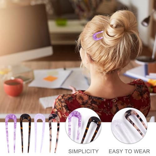 DOITOOL 4pcs U-shaped Acetate Double Prong Hair Pins Hair Fork Bun Holder Clips for Women with Mixed Colors