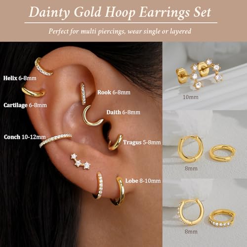 Poxtex Small Sterling Silver Huggie Hoop Earrings Set for Women, Hypoallergenic 14K Gold Plated Hoops Stacks for Multiple Piercings, Dainty Cute Mini Lightweight Cartilage Studs Trendy Jewelry Gift - color: Gold-climber