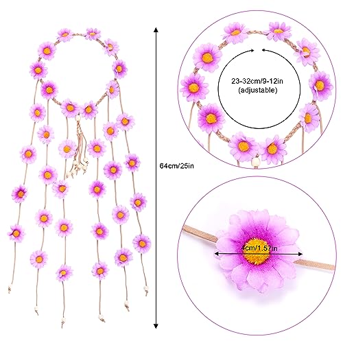 Sucrain 2pcs Flower Hippie Headband Floral Crown Summer Sunflower Hair Accessories for 70 s Bohemian Costumes Style for Women(Rose Red + Purple White) - color: Rose Red + Purple White