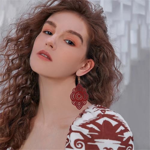 Bohemian Wood Earrings Natural Retro Lightweight Hollow Pattern Geometric Wooden Dangle Drop Earrings Statement Vintage Jewelry - color: Wine Red Earrings
