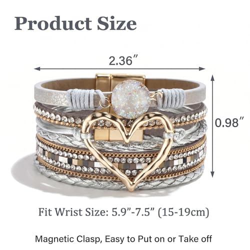 Long tiantian Leather Bracelets for Women Warp Bracelet Stackable Boho Layered Bracelet Chunky Heart Trendy Birthday Gifts for Her - color: A1:Womens Bracelet(Silver)