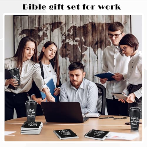 Skylety 12 Set/48 Pcs Christian Gifts for Men Religious Gift Set 16 oz Bible Scripture Cups with Lids Mini Spiral Notebooks Pens Keychains for Dad Husband Birthday (Black) - color: Black