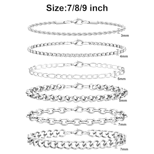 6PCS Stainless Steel Bracelets for Men Women, Silver Gold Black Cuban Link Rope Box Wheat Chain Paperclip Figaro Jewelry Set, 7/8/9 Inches - color: Silver, size: 7 inches