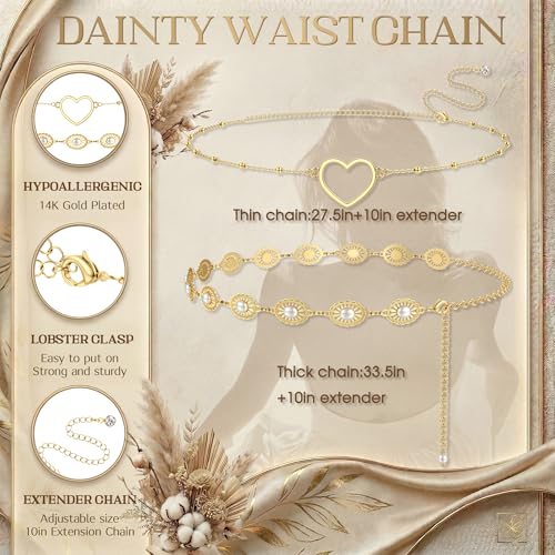 Florideco Waist Chain Belt for Women, Layered Belly Chain, Waterproof Boho Pearl Concho Cuban Body Chain, Adjustable Summer Beach Coachella Fashion Jewelry for Jeans Dresses - style: Gold Plated-Concho Chain
