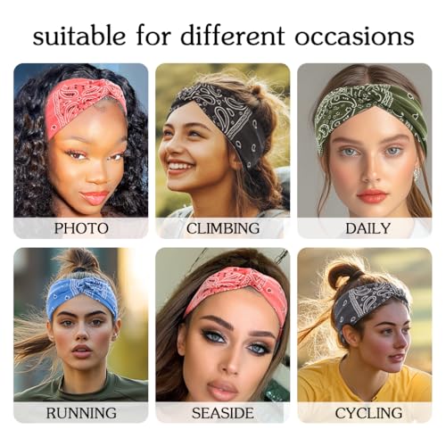 Urieo Boho Bandanas Headband Knotted Hair Bands Paisley Head Turban Sport Yoga for Women (Pack of 4) (C)