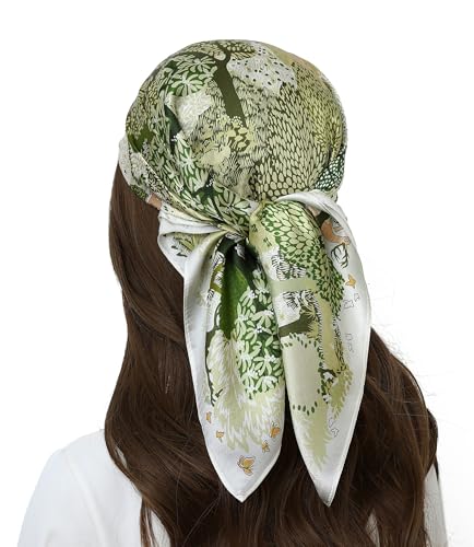 STARWHISPER 100% Pure Mulberry Silk Square Scarf-27''x27 Lightweight Hair Scarves Headscarf Night Sleeping with Gift Packed - color: Green Harmony