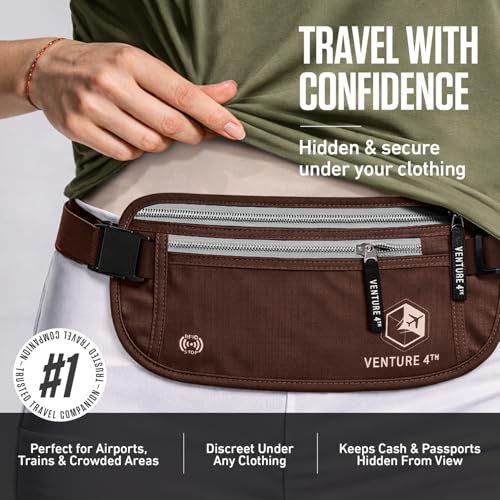 VENTURE 4TH Money Belt for Travel – Slim Hidden Under-Clothes RFID Blocking Anti-Theft Passport Holder & Travel Wallet Pouch for Men & Women to Protect Cash, Cards & Documents (Brown) - color: Brown