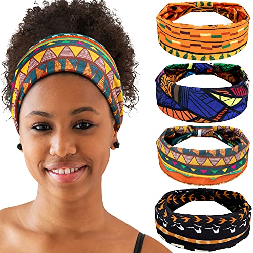 WILLBOND 4 Pieces African Headbands Knotted Wide Non Slip Yoga Stretchy Turban Hair Scarfs Workout Printed Headwrap Hair Accessories for Women and Girls