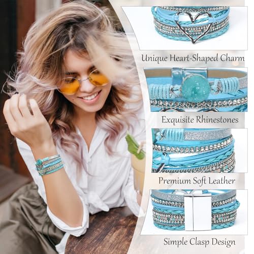 Leather Wrap Bracelet for Women, Boho Cuff Bracelet with Strong Clasp, Multi-Layer Crystal Leather Bracelet for Valentine Mother's Day - color: 01-Heart-Light Blue