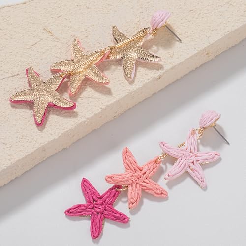 Boho Raffia Earrings Starfish Shell Seashell Dangle Drop Earrings Cute Statemnet Trendy Jewelry Summer Beach Outfits for Women - color: Pink, size: Seastar