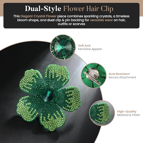 2.9 Inches Created Crystal Hibiscus Hawaiian Flower Hair Clips for Women | Boho Braids Artificial Flower Clips for Hair - color: Green