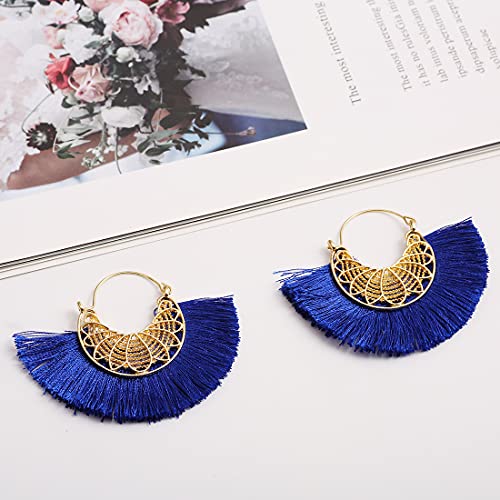 Tassel Hoop Earring Statement Thread Dangle Earrings Stylish Long Fringe Drop Earrings Lightweight Long Swingy French Hook Earrings for Women - color: B Sapphire Blue