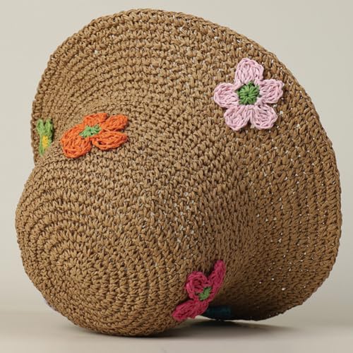 Women Straw Sun Hat Summer Beach Hats Foldable Floppy Cap Wide Brim Bucket Hat Solid Handmade Sun Protection Caps - color: Flora-khaki