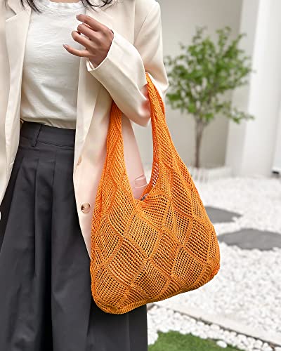 Crochet Mesh Beach Tote Shoulder Handbags Hobo Summer Aesthetic Women's Bag - color: Orange