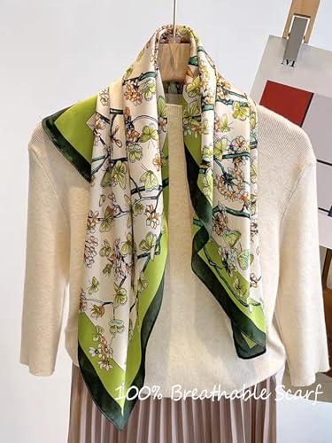 100% Mulberry Silk Scarf for Women Hair Lightweight Square Neckerchief Wrap For Head Scarves 21" - color: 13-green Floret /21"*21"