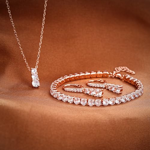 Crysdue Cubic Zirconia Jewelry Set for Women Bridesmaid, Classic Round Cut Drop Lightweight Lever Back Earrings Pendant Necklace Tennis Bracelet for Wedding Prom Party - style: 3pcs Rose Gold