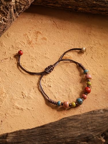 MINACHI Bohemian Colorful Ceramic Bead Adjustable Leather Bracelet, Boho Hippie Summer Jewelry Gift for Women - color: S03