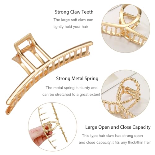 Parcce 4 Pack Large Metal Hair Clips for Thin to Thick Curly Hair, 4.3 Inch Big Nonslip Gold Color Clamps, Perfect Fashion Jaw Claw Hair Styling Accessories for Women and Girls, Christmas Gifts