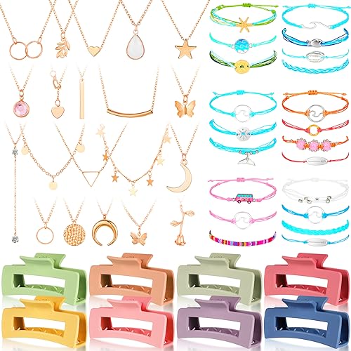 49 Pcs Boho Jewelry Set for Women, Surfer Wave Friendship Bracelets Layered Necklace Hair Clip, Summer Beach Gift - style: Romantic
