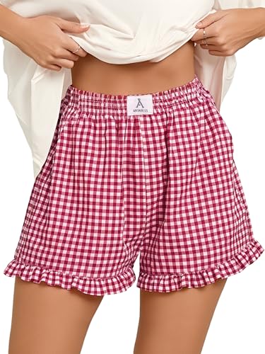 ANRABESS Boxer Shorts for Women,Gingham Plaid Elastic Waist Ruffle,Perfect for Lounge,Pajama&Sleep,Cute Casual Summer Bottoms - color: Red White Plaid, size: Medium