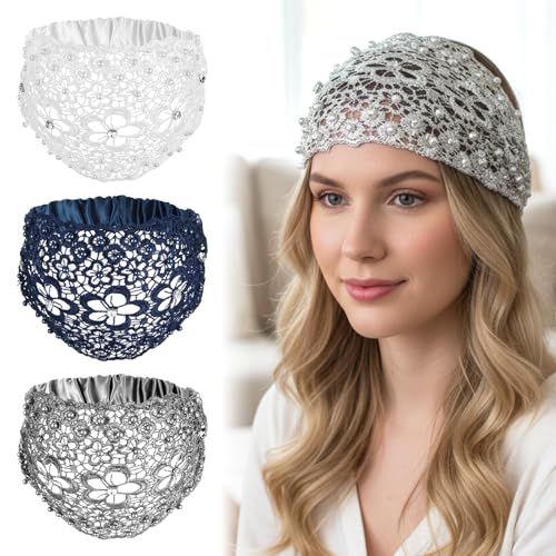 Tucnoeu 3pcs Boho-Chic Crystal & Pearl Embellished Wide Headbands, Wide Boho Pearl Headband for Wome, Floral Beaded Lace Elastic Headband Suitable for Daily Wear and Weddings Stylingvarious Holidays - color: blue, white, silver